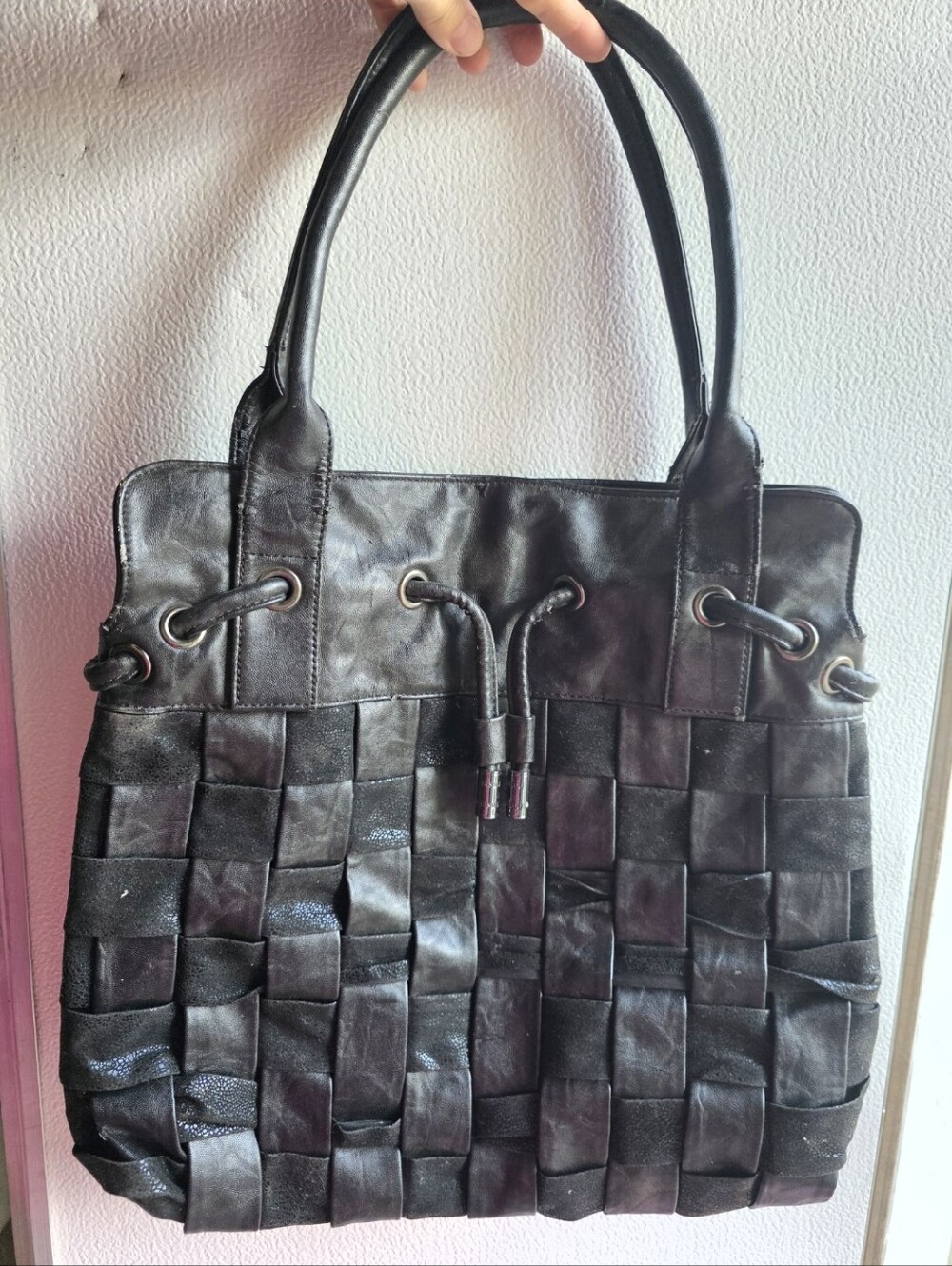 Bisou Bisou Y2K Slouchy Woven Faux Leather Tote Bag Black Shopper Western 90s